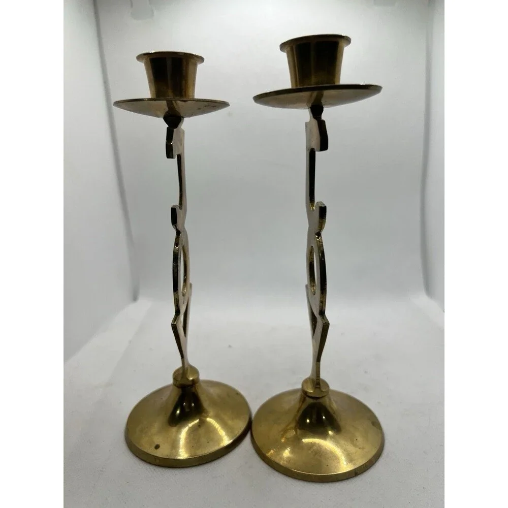 2 Solid Brass JOY Candlestick Holders 8